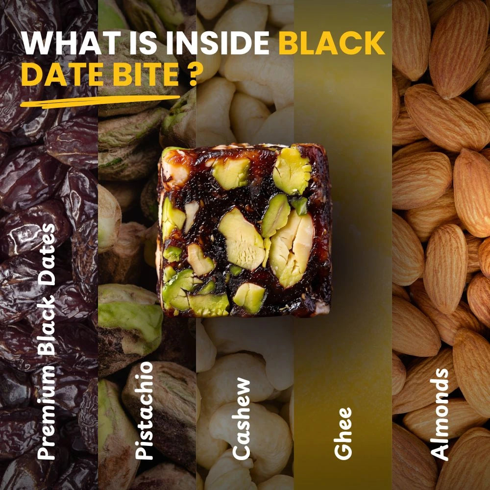 Ingredients of Mithdi Black Date Bites: premium dates, pistachios, cashews, ghee, and almonds.