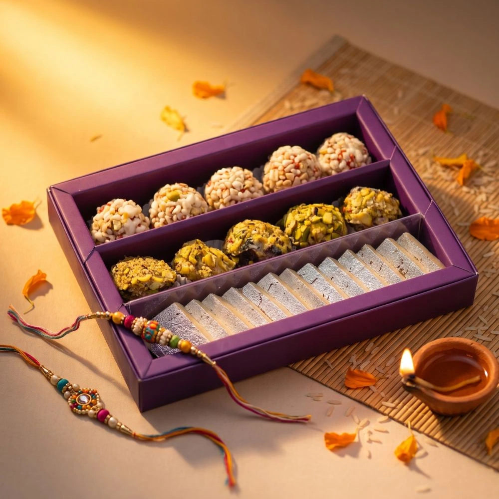 Traditional Indian festive setup featuring a 3-in-1 assorted dry fruit mithai box and a lit diya for Rakhi.