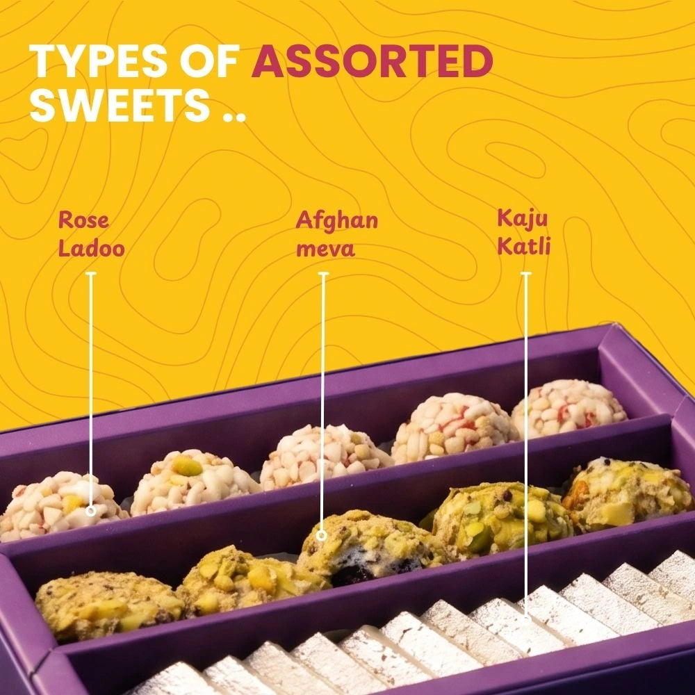 Assorted sweet box varieties including Rose Ladoo, Afghan Meva, and Kaju Katli.
