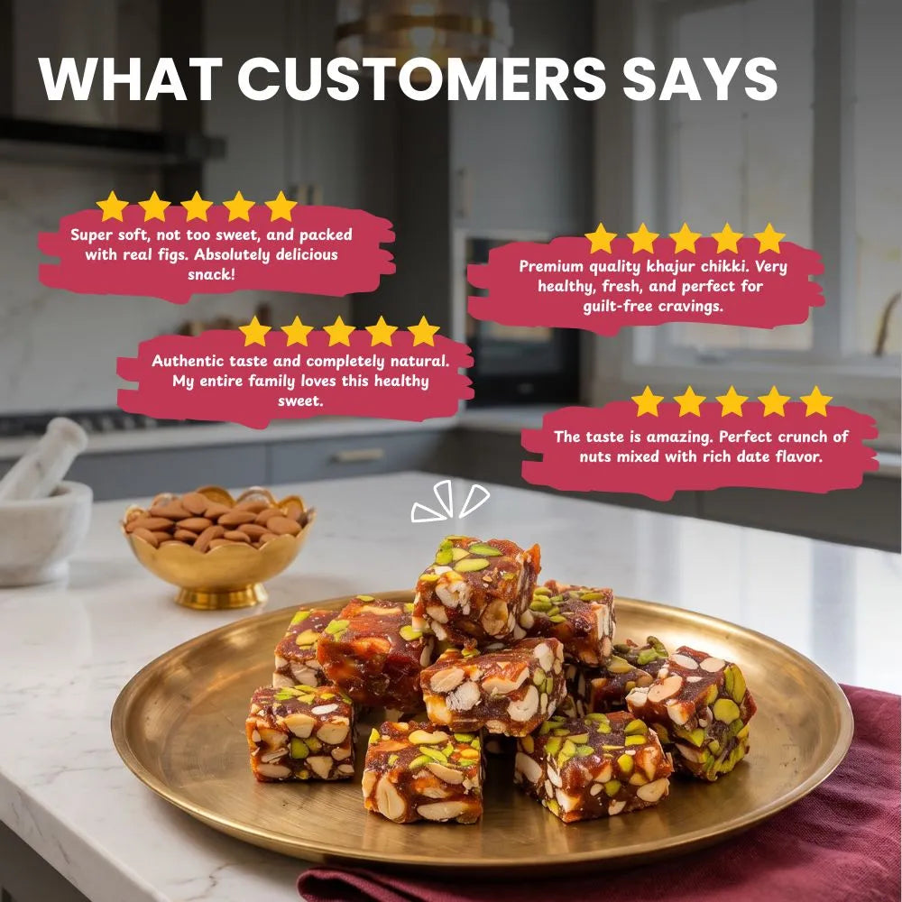 Customer testimonial graphic featuring 5-star reviews praising the authentic, soft, and healthy taste of Mithdi Khajur Chikki.