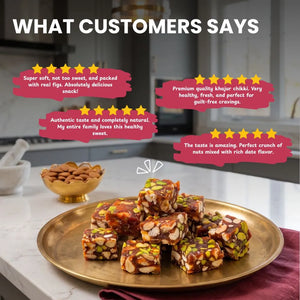 Customer testimonial graphic featuring 5-star reviews praising the authentic, soft, and healthy taste of Mithdi Khajur Chikki.