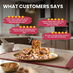 Customer testimonials for Mithdi Sweets, praising the soft texture and natural taste of premium Anjeer Chikki.