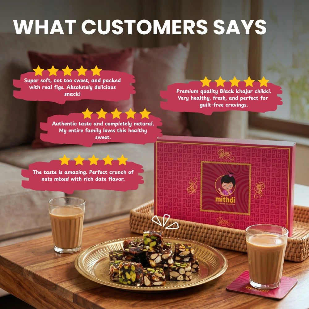 Five-star customer reviews for Mithdi Black Date Bites served with tea.