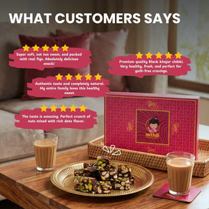 Five-star customer reviews for Mithdi Black Date Bites served with tea.