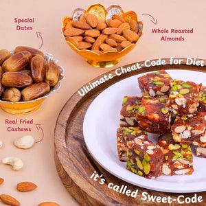 Visual breakdown of wholesome ingredients inside Mithdi Date Bites, including dates, pistachios, cashews, ghee, honey, and almonds.