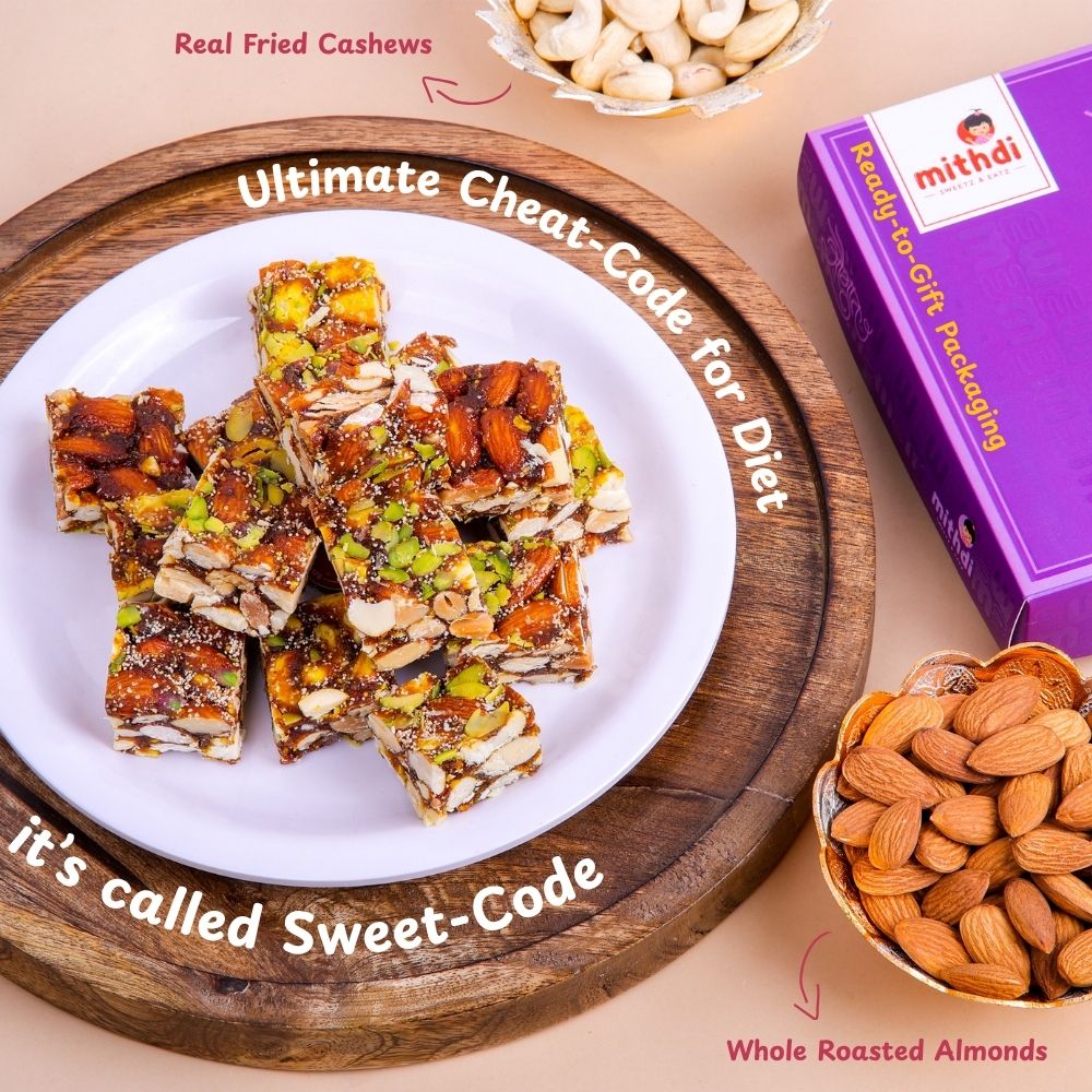 Mithdi Sweets Anjeer Chikki in premium packaging, marketed as a healthy diet snack and corporate gift.