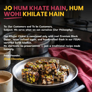 Founder's message about the philosophy and quality of Mithdi FSSAI-certified Black Date Bites.