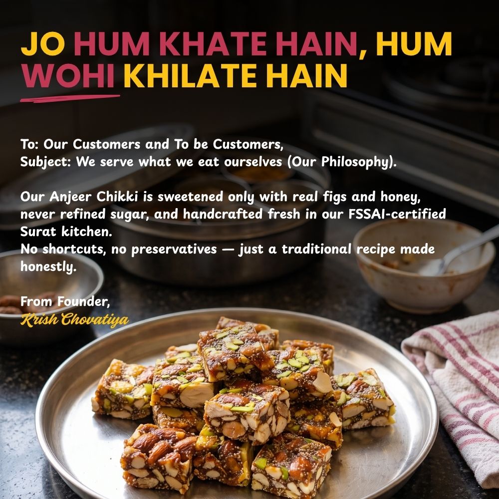 A message from the founder of Mithdi Sweets regarding the commitment to quality and traditional recipes.