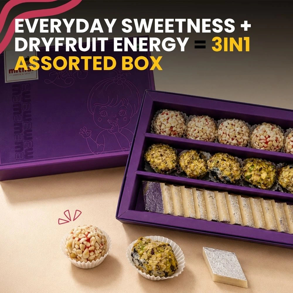 Everyday sweetness and dry fruit energy in a 3-in-1 assorted mithai gift box.