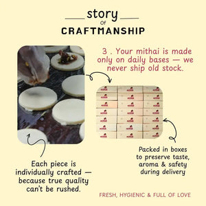 Story of Craftmanship graphic with images and text about mithai productions and packagings.