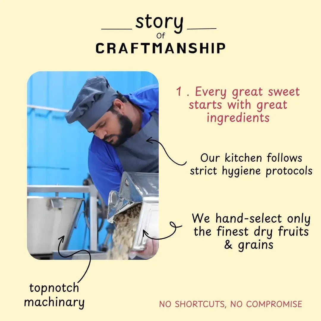 Person working with machinery in a kitchen setting, with text about craftsmanship and ingredient selection.